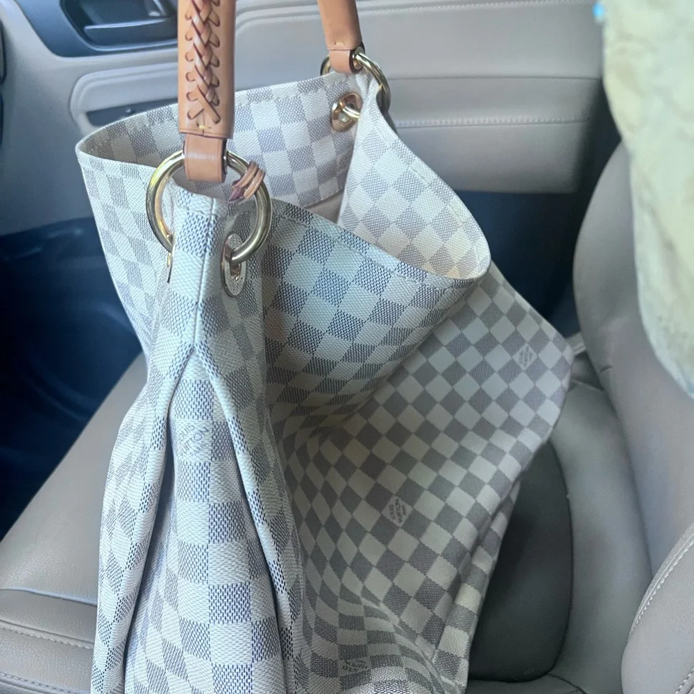 Louis Vuitton Cream Checkered Shoulder Tote with Tan Leather Handle